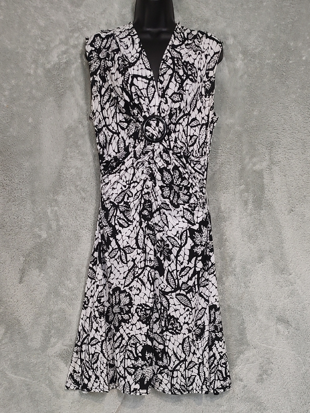 Sleeveless Black & White Floral Wrap Dress with Ring Detail